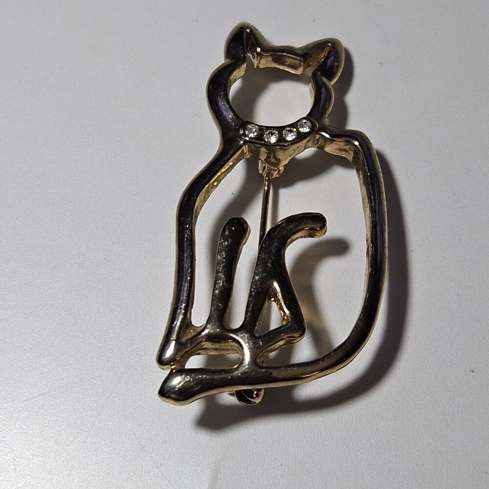 Vintage AAI Cat Kitten Brooch/Pin Gold Tone Metal W/ Clear Rhinestone Accents